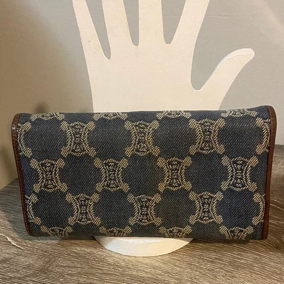 Celine Vintage Macadam Blue Denim Brown Leather Trim Wallet 7.25x4 EUC - Picture 2 of 15